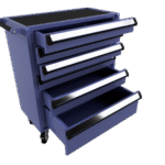 Værkstedsvogn 1/12 – miniature rullevogn i resin med udtrækkelige skuffer.