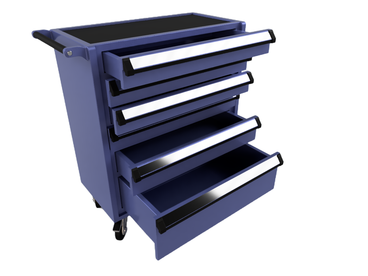 Værkstedsvogn 1/12 – miniature rullevogn i resin med udtrækkelige skuffer.