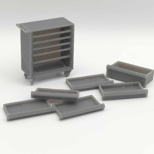 Værkstedsvogn 1/12 – miniature rullevogn i resin med udtrækkelige skuffer.